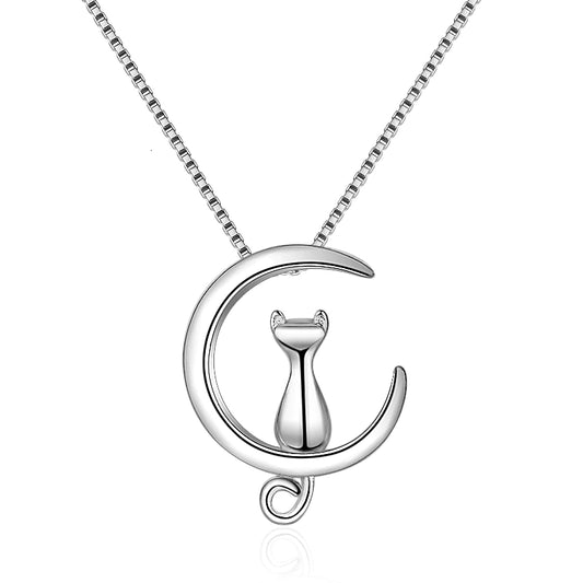 Real 925 Sterling Silver 'Onixiah' Cat On The Moon Necklace